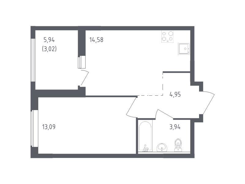 1-комнатная квартира, 39.58 м² - планировка, фото №1