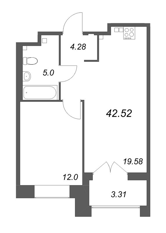 2-комнатная (Евро) квартира, 42.52 м² в ЖК "Ranta Residence" - планировка, фото №1