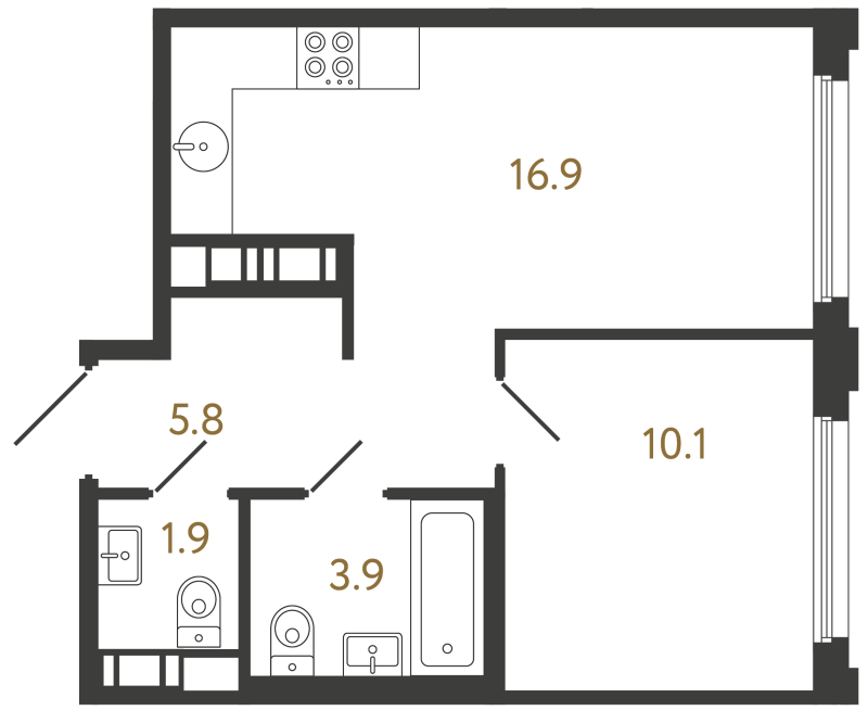 2-комнатная (Евро) квартира, 38.6 м² в ЖК "Гений" - планировка, фото №1
