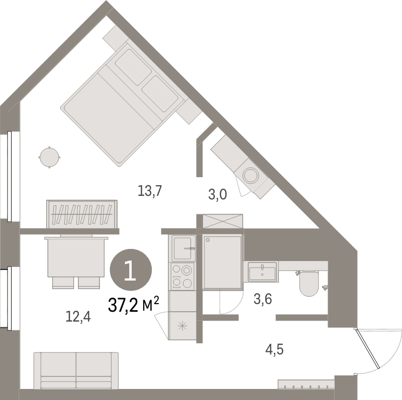 1-комнатная квартира, 37.2 м² - планировка, фото №1