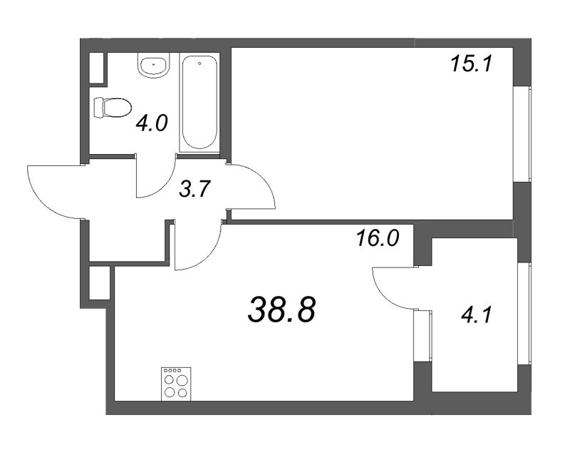 2-комнатная (Евро) квартира, 38.8 м² - планировка, фото №1
