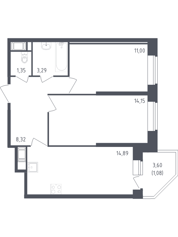 2-комнатная квартира, 54.08 м² в ЖК "Живи! В Рыбацком" - планировка, фото №1