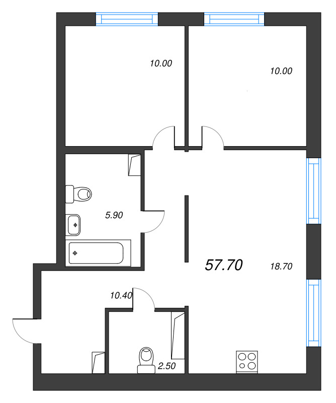 3-комнатная (Евро) квартира, 57.5 м² в ЖК "Струны" - планировка, фото №1