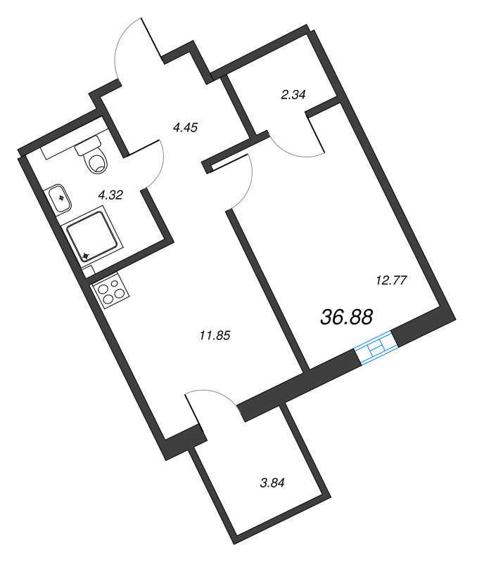 1-комнатная квартира, 36.88 м² - планировка, фото №1