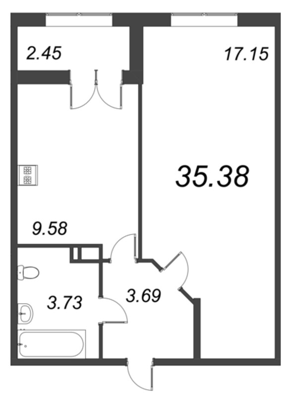 1-комнатная квартира, 35.38 м² в ЖК "Рождественский квартал" - планировка, фото №1
