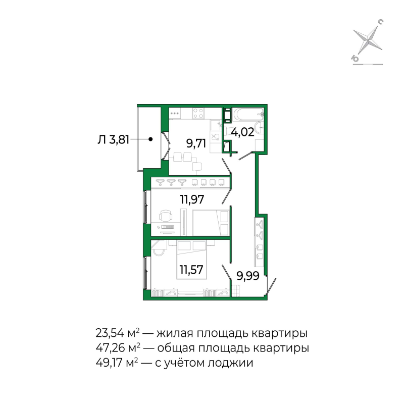 2-комнатная квартира, 47.2 м² в ЖК "Сертолово Парк" - планировка, фото №1