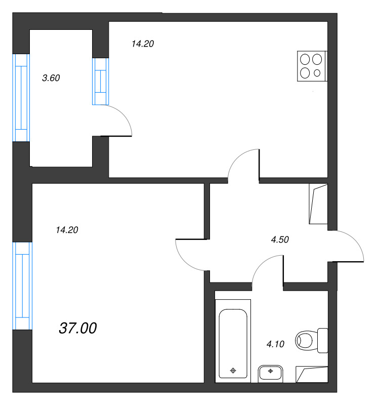 1-комнатная квартира, 37 м² в ЖК "Дубровский" - планировка, фото №1