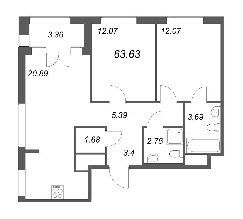 3-комнатная (Евро) квартира, 63.63 м² - планировка, фото №1