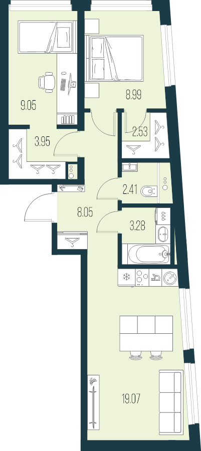 3-комнатная (Евро) квартира, 57.33 м² в ЖК "Новая Земля" - планировка, фото №1