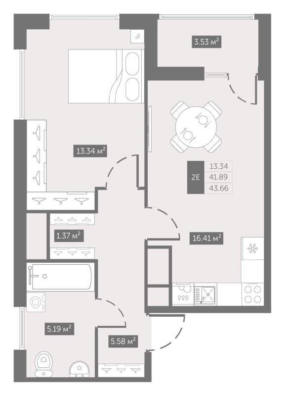 2-комнатная (Евро) квартира, 43.66 м² - планировка, фото №1
