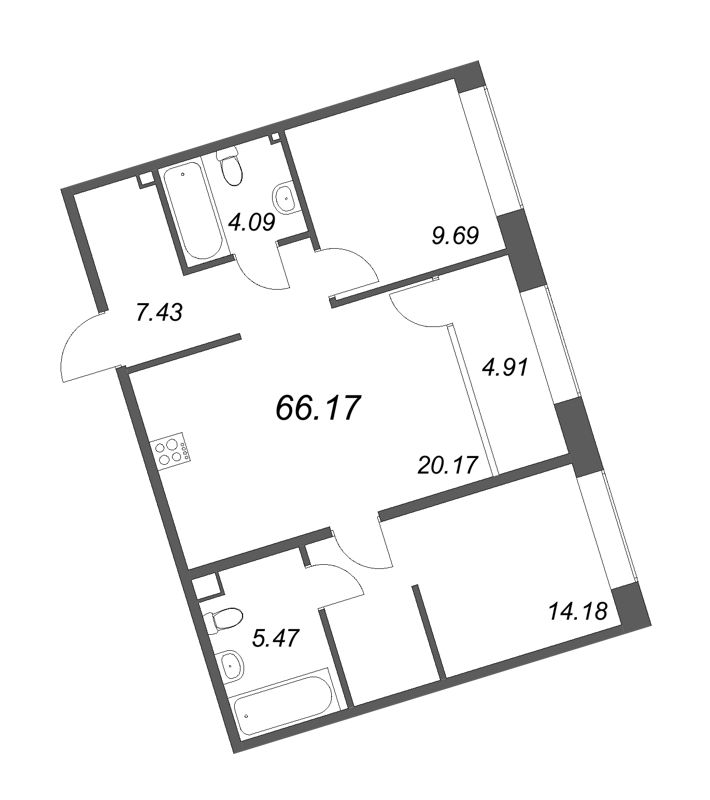 3-комнатная (Евро) квартира, 66.17 м² в ЖК "17/33 Петровский остров" - планировка, фото №1