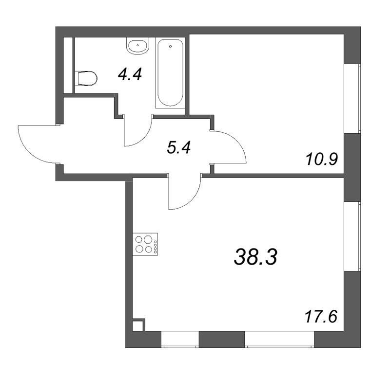 2-комнатная (Евро) квартира, 38.3 м² в ЖК "Большая Охта" - планировка, фото №1