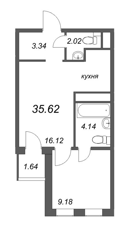 2-комнатная (Евро) квартира, 35.62 м² - планировка, фото №1