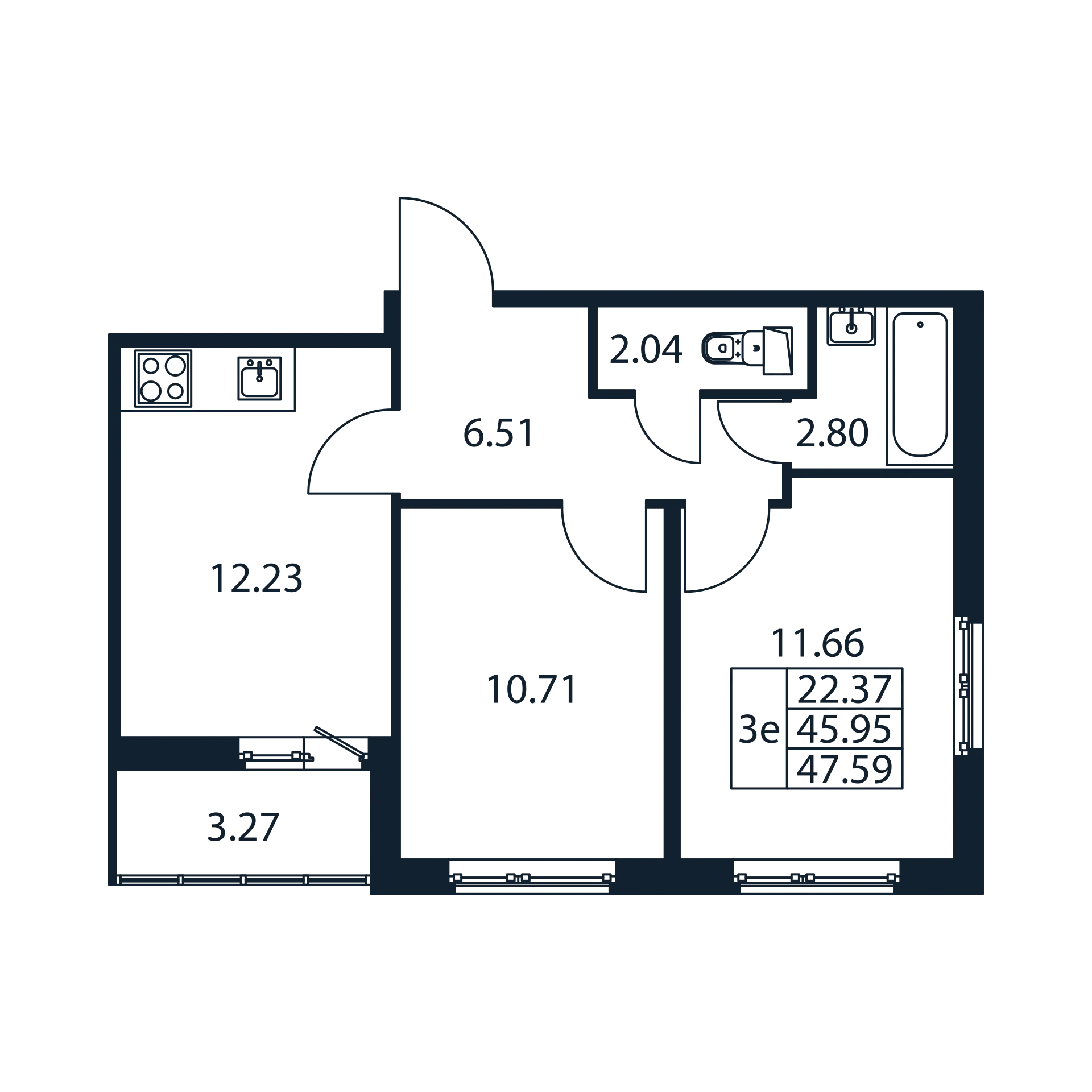2-комнатная квартира, 45.95 м² - планировка, фото №1