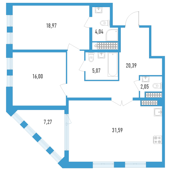 2-комнатная квартира, 101.75 м² - планировка, фото №1