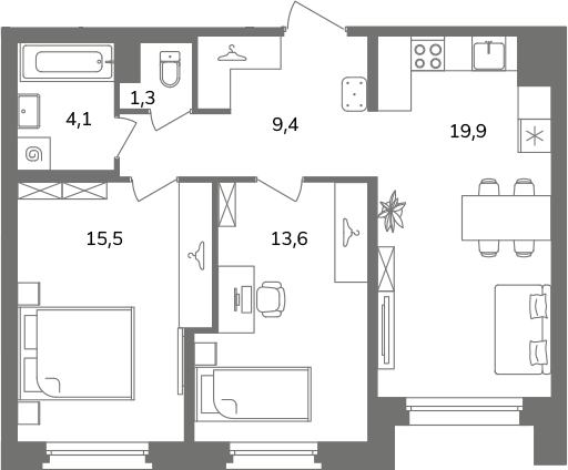 3-комнатная (Евро) квартира, 63.8 м² в ЖК "Антверпен" - планировка, фото №1