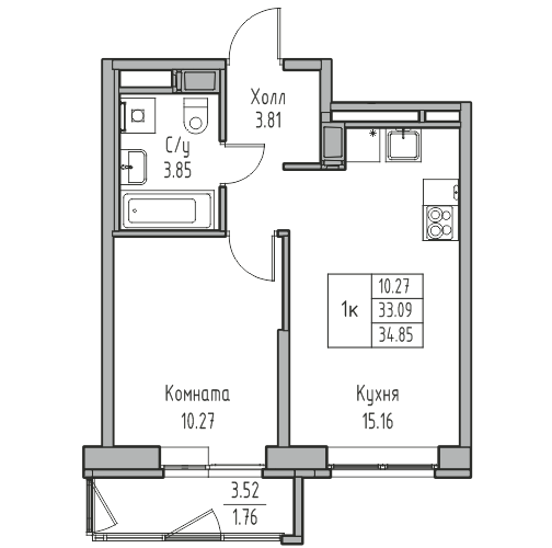 2-комнатная (Евро) квартира, 34.85 м² в ЖК "Юнтолово" - планировка, фото №1