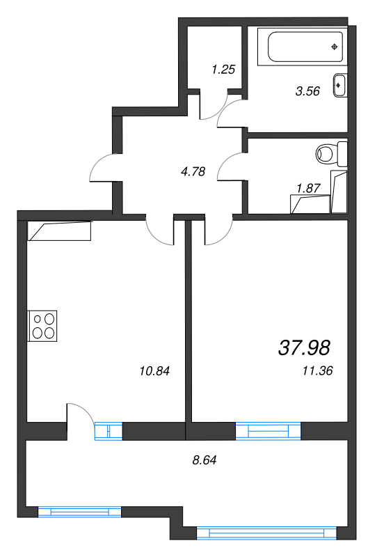 1-комнатная квартира, 37.98 м² - планировка, фото №1