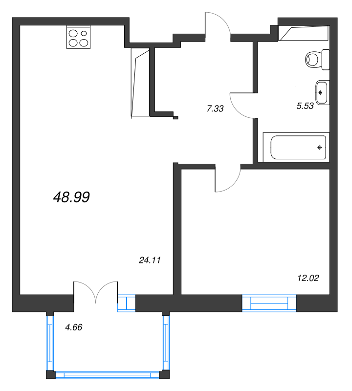 2-комнатная (Евро) квартира, 48.99 м² - планировка, фото №1