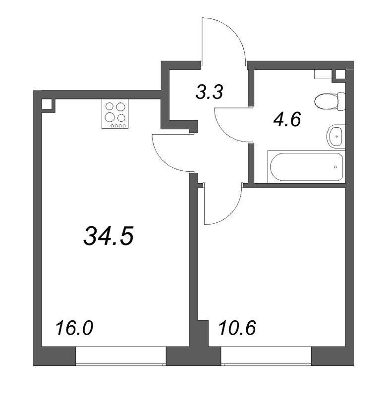 2-комнатная (Евро) квартира, 34.5 м² в ЖК "Пулково Лейк" - планировка, фото №1