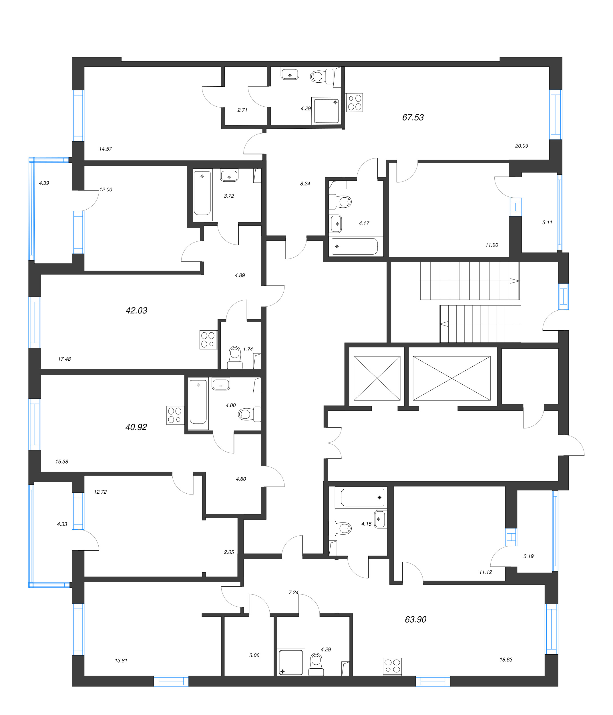 3-комнатная (Евро) квартира, 63.9 м² в ЖК "Энфилд" - планировка этажа