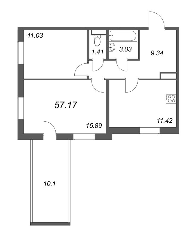 2-комнатная квартира, 52.12 м² в ЖК "Юттери" - планировка, фото №1