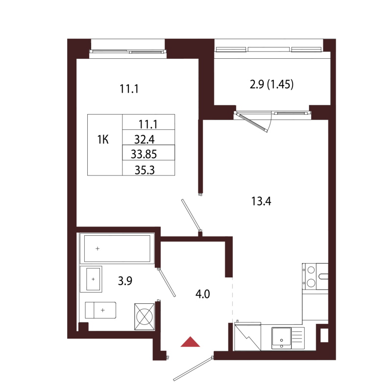 1-комнатная квартира, 33.85 м² в ЖК "Лисино" - планировка, фото №1