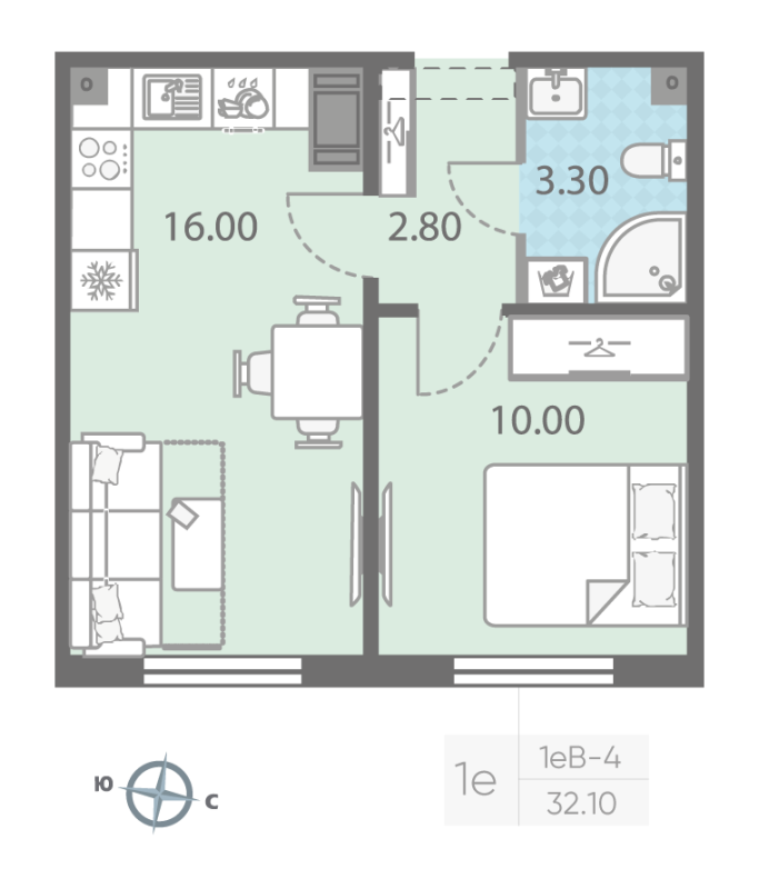 1-комнатная квартира, 32.1 м² - планировка, фото №1