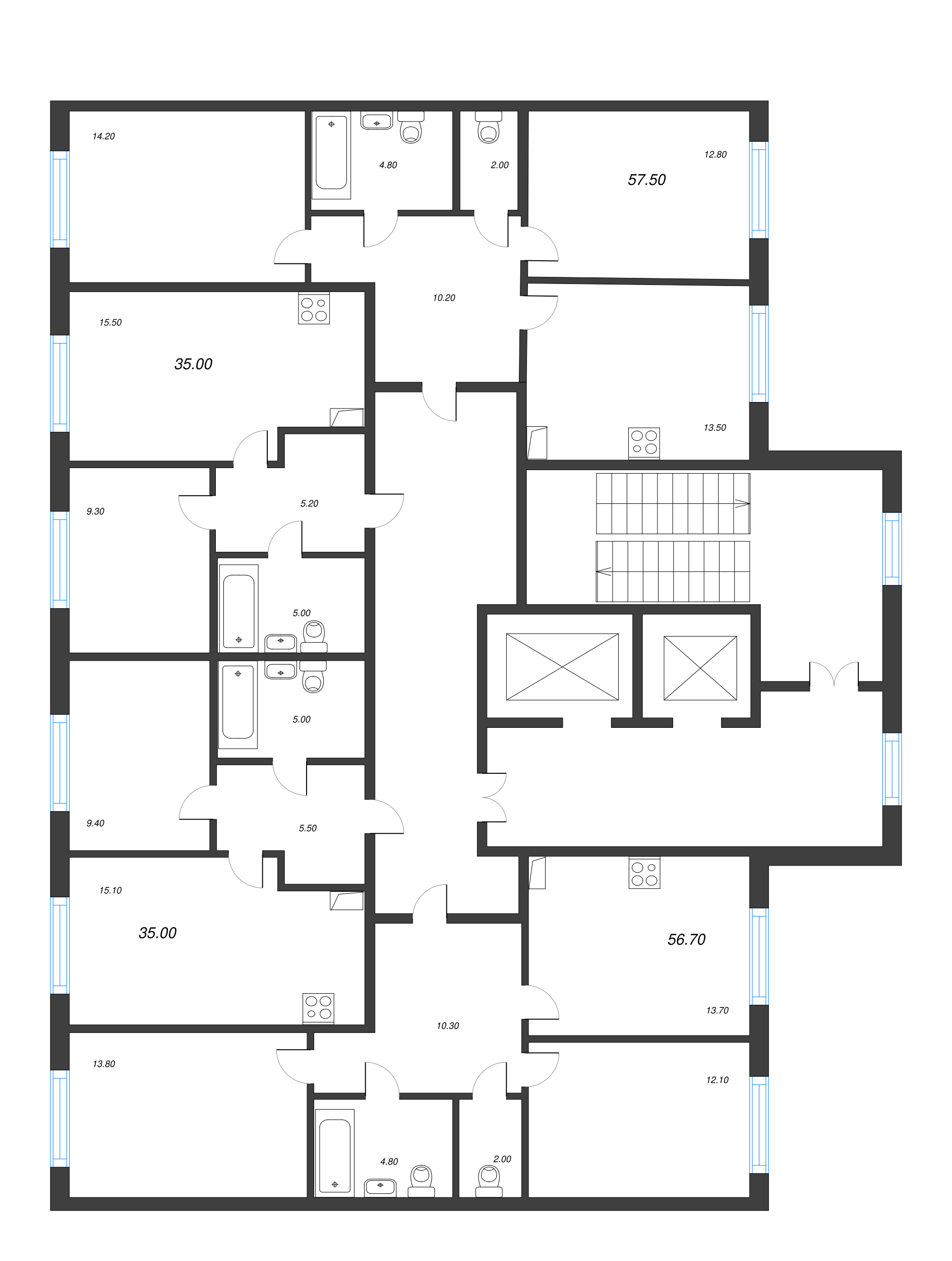 2-комнатная квартира, 56.7 м² в ЖК "Монография" - планировка этажа