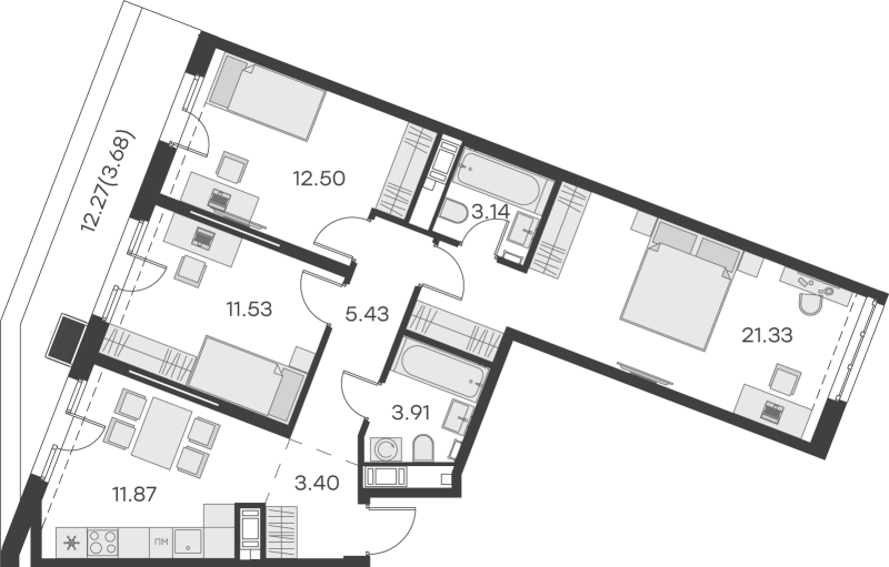 3-комнатная квартира, 76.79 м² - планировка, фото №1