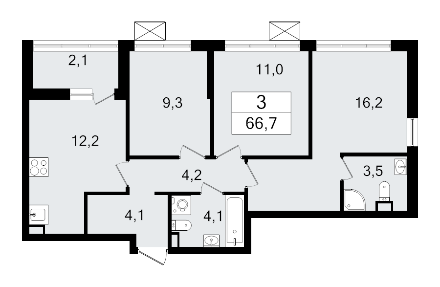 3-комнатная квартира, 66.7 м² - планировка, фото №1