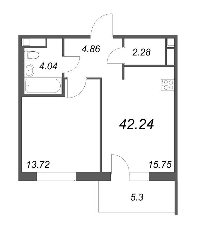2-комнатная (Евро) квартира, 45.95 м² - планировка, фото №1