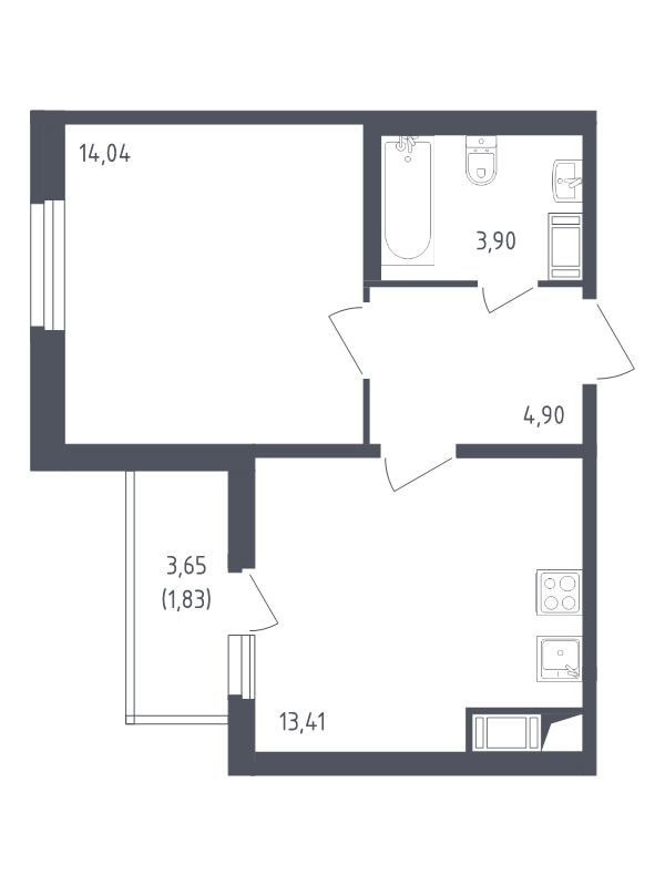 1-комнатная квартира, 38.08 м² - планировка, фото №1