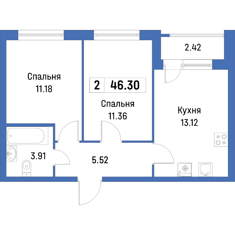 2-комнатная квартира, 46.3 м² в ЖК "Урбанист" - планировка, фото №1