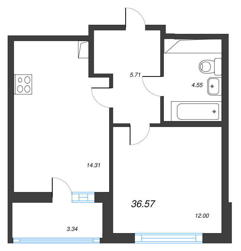 1-комнатная квартира, 36.57 м² в ЖК "Ясно.Янино" - планировка, фото №1