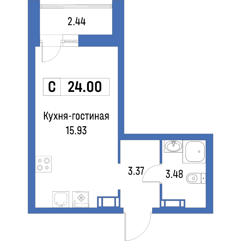 Квартира-студия, 24 м² в ЖК "Урбанист" - планировка, фото №1