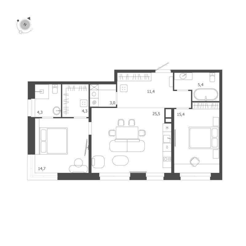 3-комнатная (Евро) квартира, 84 м² в ЖК "ЛДМ" - планировка, фото №1
