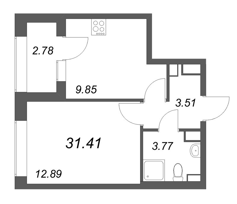 1-комнатная квартира, 31.41 м² в ЖК "Аурум" - планировка, фото №1