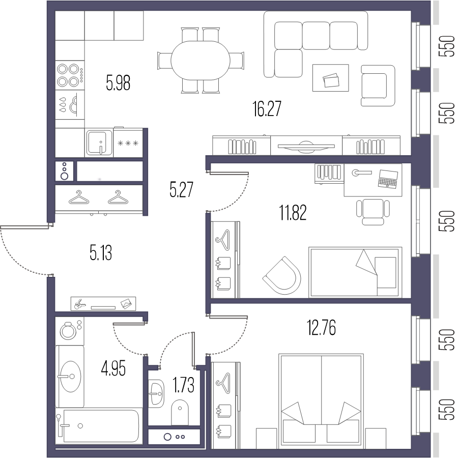 3-комнатная (Евро) квартира, 63.91 м² в ЖК "Большой Сампсониевский, 32" - планировка, фото №1