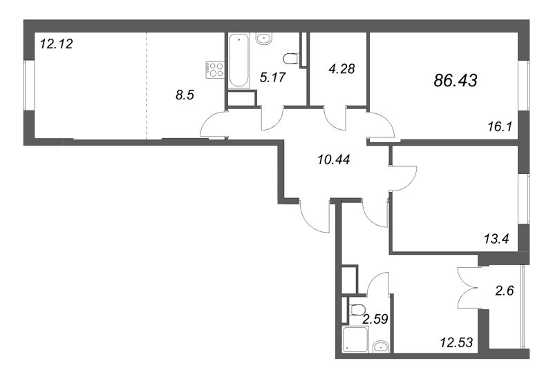4-комнатная (Евро) квартира, 86.43 м² в ЖК "Цивилизация на неве" - планировка, фото №1