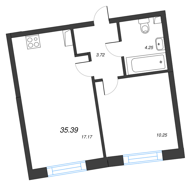 2-комнатная (Евро) квартира, 35.39 м² в ЖК "Бульвар Грина" - планировка, фото №1