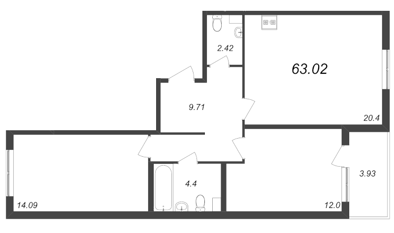 3-комнатная (Евро) квартира, 63.02 м² - планировка, фото №1