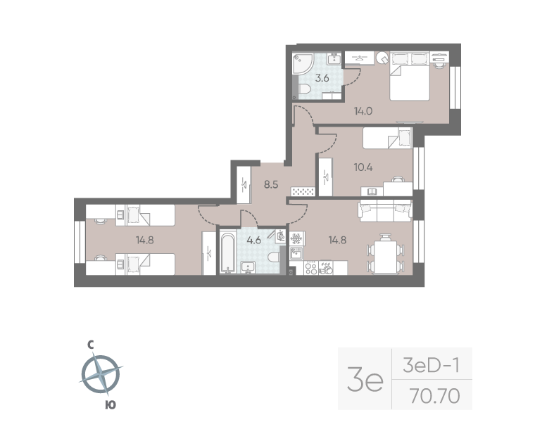 4-комнатная (Евро) квартира, 70.7 м² в ЖК "Большая Охта" - планировка, фото №1