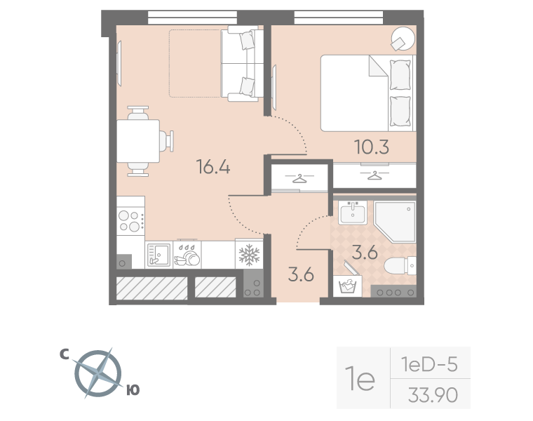 2-комнатная (Евро) квартира, 33.9 м² в ЖК "Пулково Lake" - планировка, фото №1