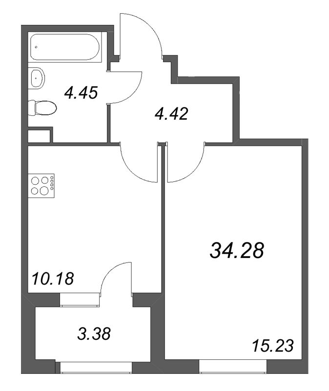 1-комнатная квартира, 34.28 м² в ЖК "Дубровский" - планировка, фото №1