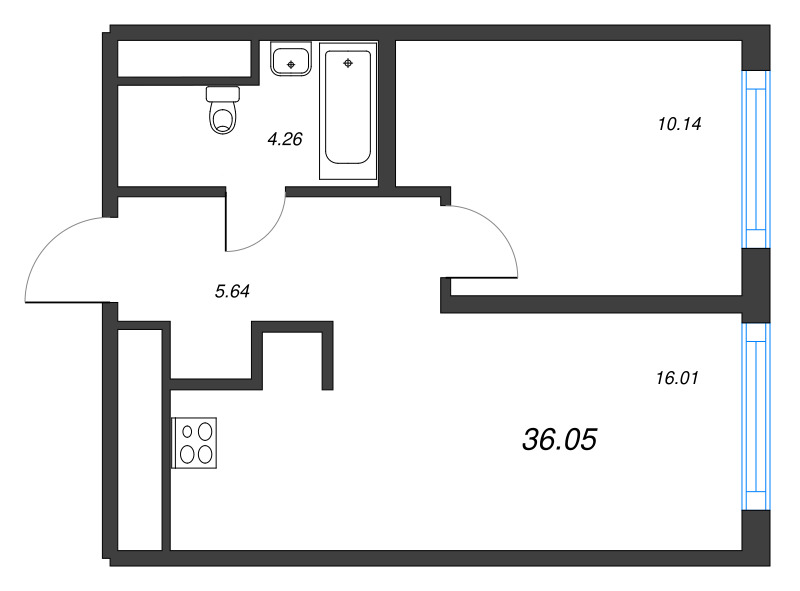 2-комнатная (Евро) квартира, 36.05 м² в ЖК "Legenda Васильевского" - планировка, фото №1