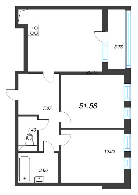 3-комнатная (Евро) квартира, 51.58 м² в ЖК "Аэросити" - планировка, фото №1