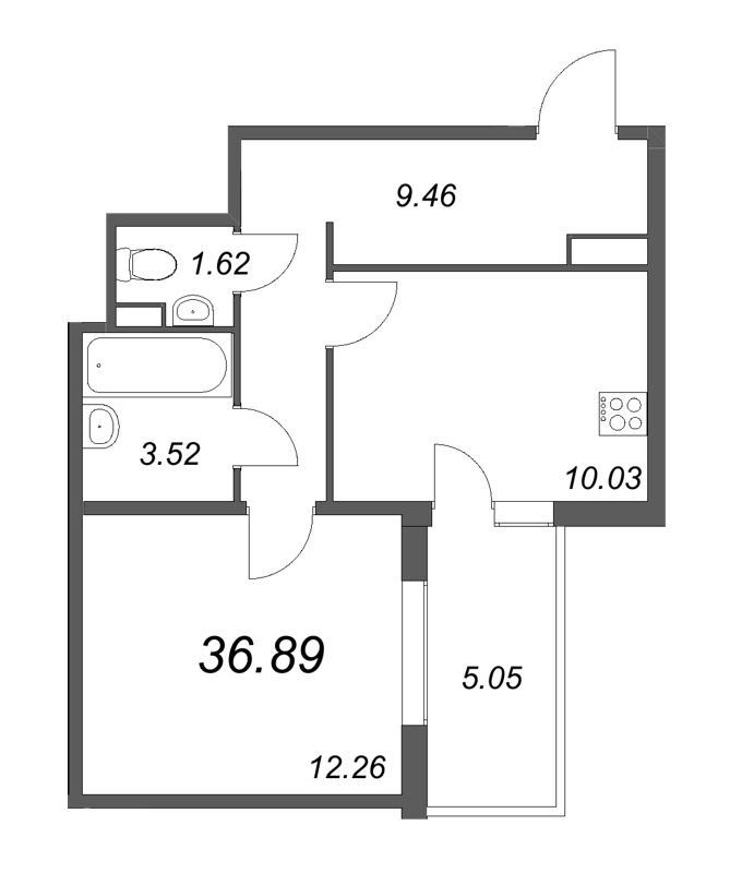 1-комнатная квартира, 36.89 м² - планировка, фото №1