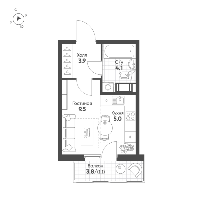Квартира-студия, 23.6 м² в ЖК "Клюква.Парк" - планировка, фото №1