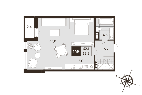 Квартира-студия, 52.1 м² в ЖК "Дом на Бронницкой" - планировка, фото №1